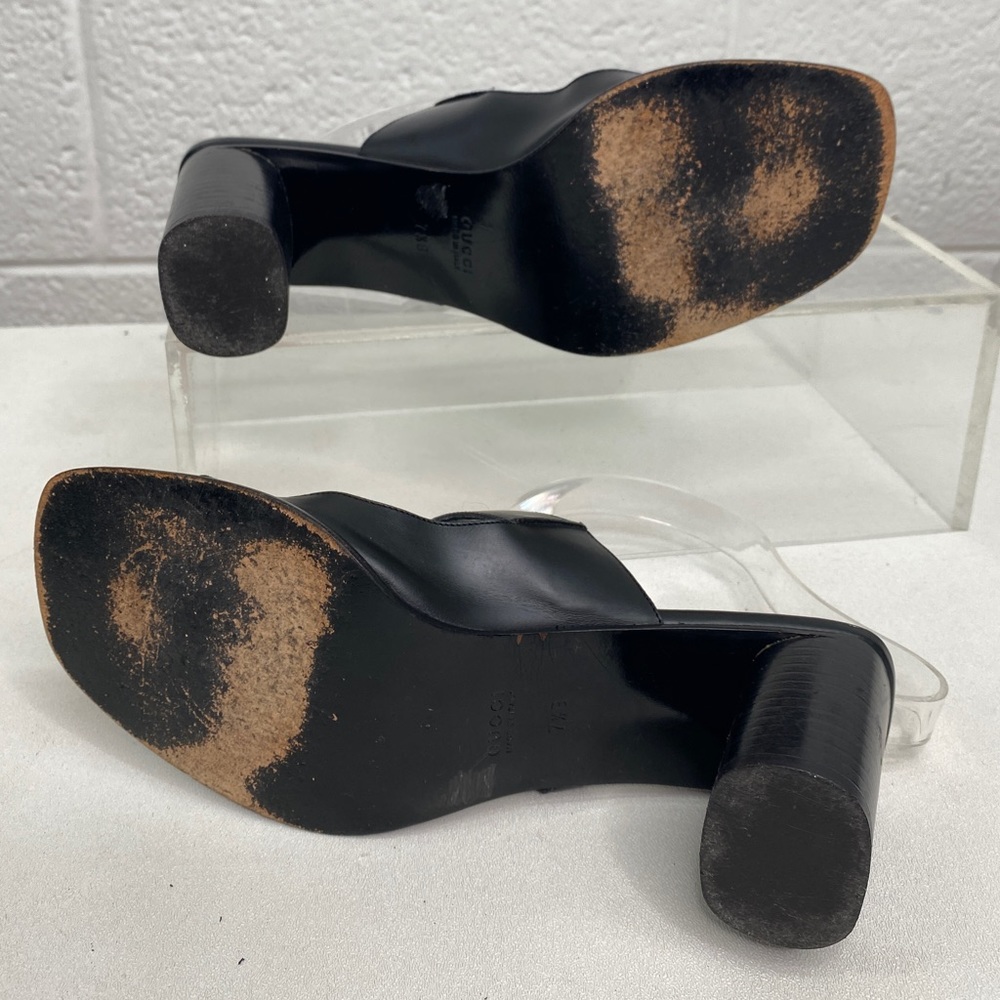 Gucci Black Leather Double Strap Block Heel Slides Sandals women’s size 7.5 - Picture 7 of 12